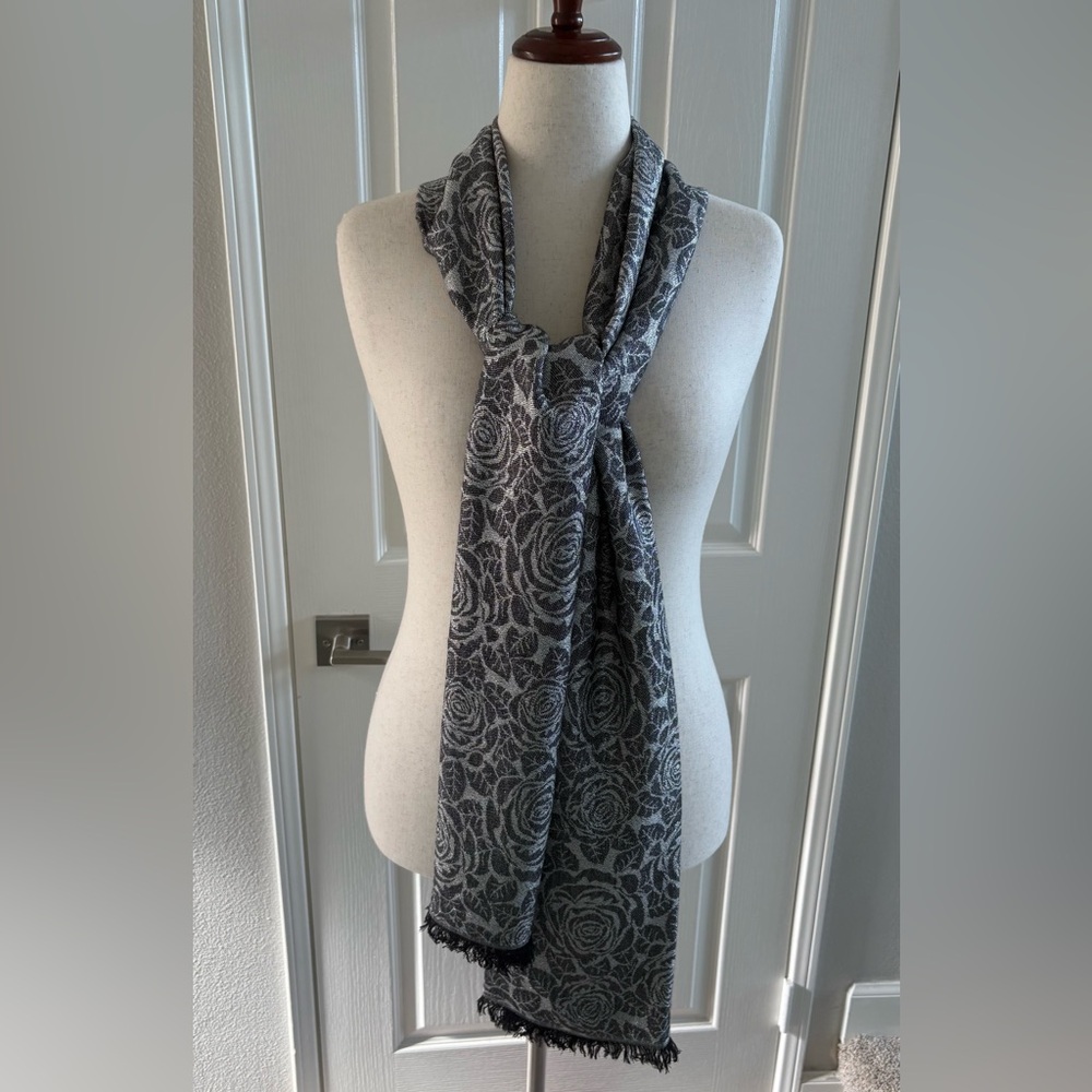 White House Black Market- Elegant Black and Gray Floral Scarf- new without tags